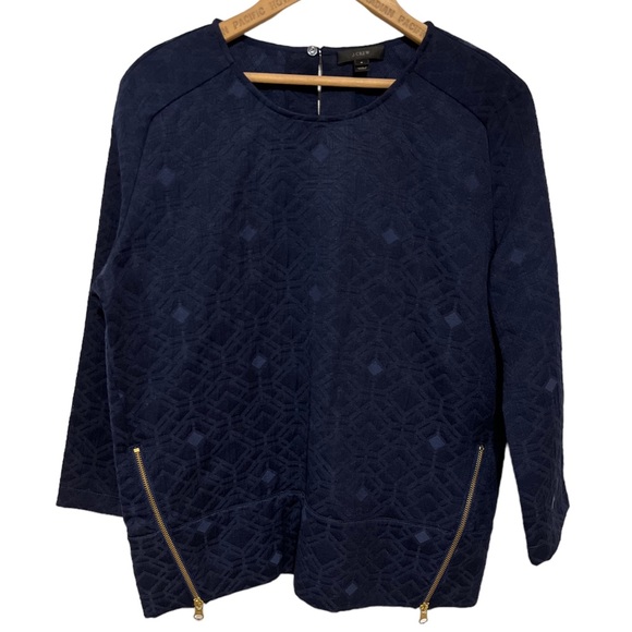 J. Crew Matelasse Geometric 3/4 Sleeved Navy Blue Top Zip Sides Pullover Sz 6 - Picture 2 of 12